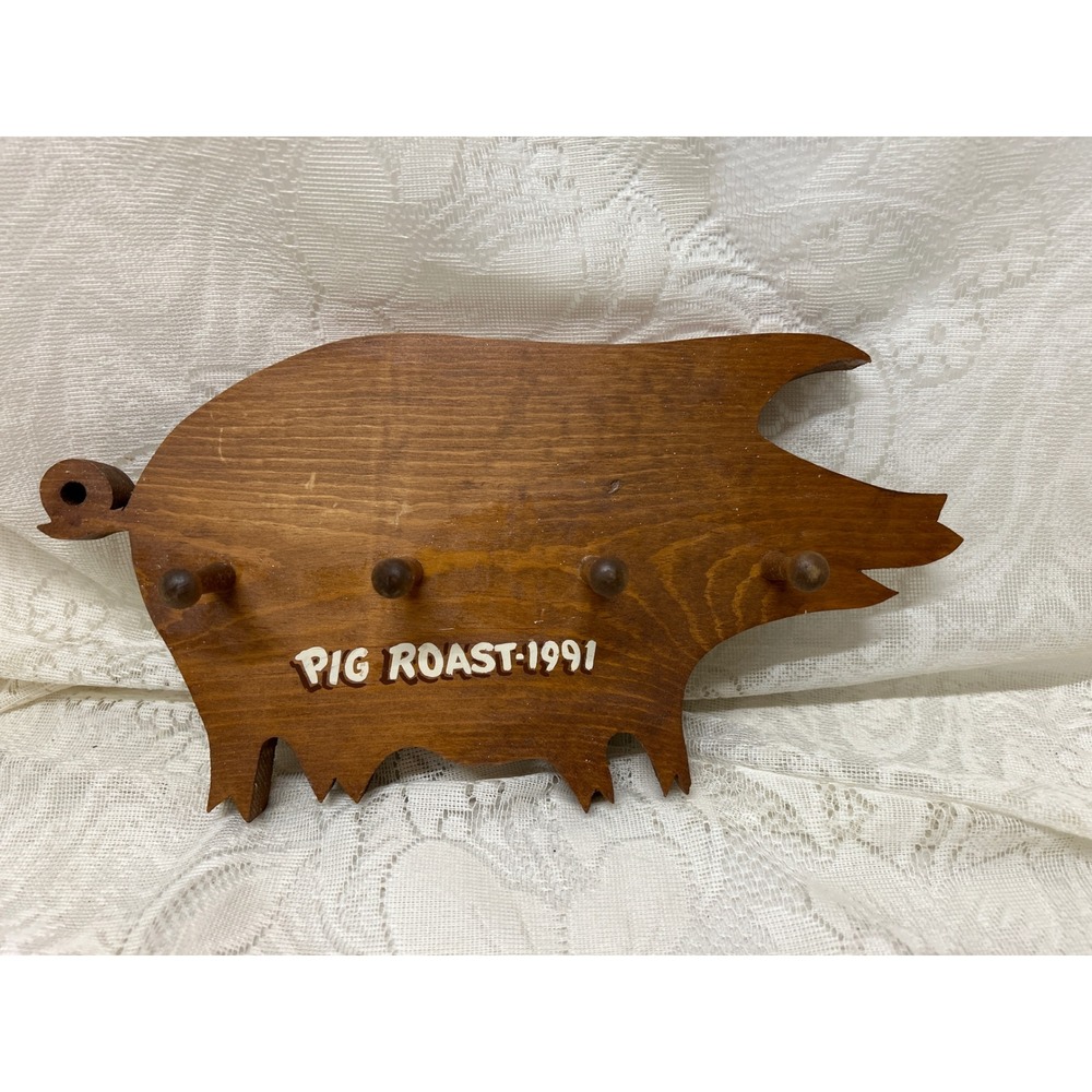 Vintage Handmade Pig Roast 1991 Wooden Pig Kitchen Wall Decor Key Holder 6"x12"